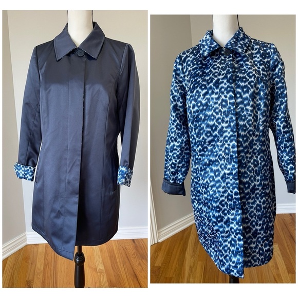 Dennis by Dennis Basso blue and leopard cheetah reversible dress coat size S - Picture 2 of 16